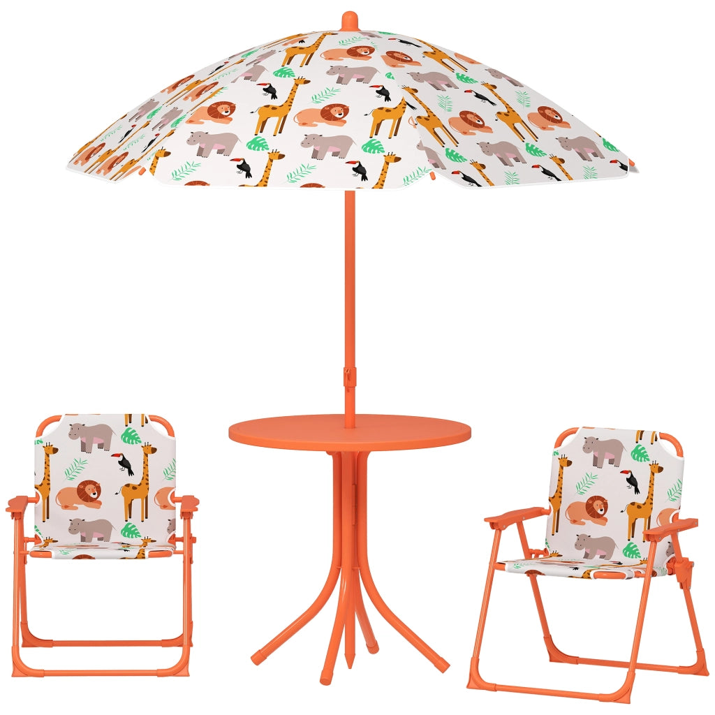 Set da giardino per bambini con tavolo e 2 sedie pieghevoli e ombrellone ¨C Minimal ¨C arancione, ? 100 cm, motivo animali