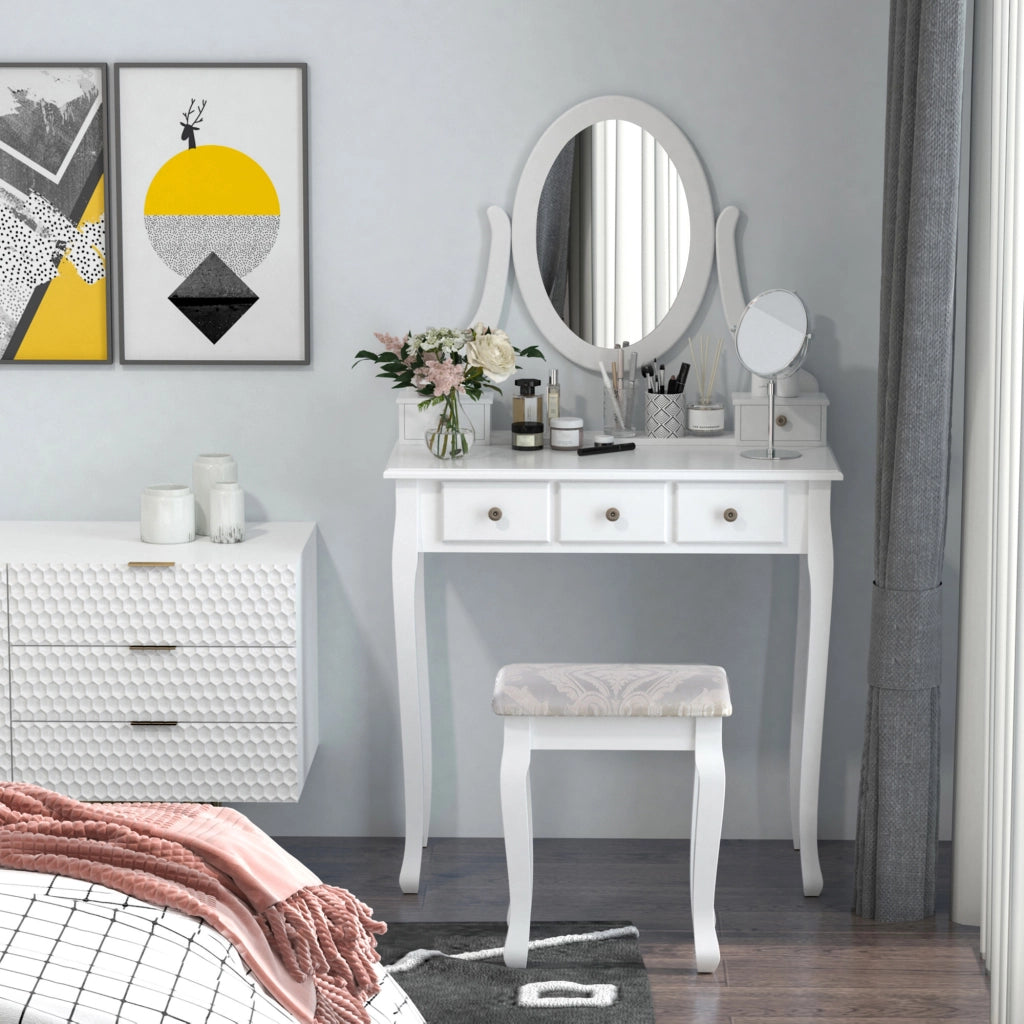 Cassettiera con Specchio e Sgabello ¨C Xylo ¨C 5 Cassetti Bianco MDF
