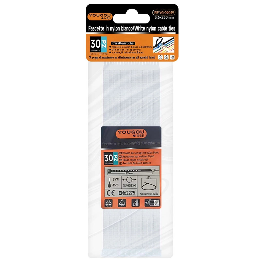 Fascette Stringicavo Autobloccanti 3,6 × 250 mm 30 Pezzi in Nylon Bianco Avizar