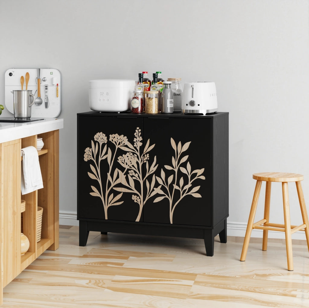 Buffet sideboard con doppia anta e intaglio floreale; struttura in MDF; nero