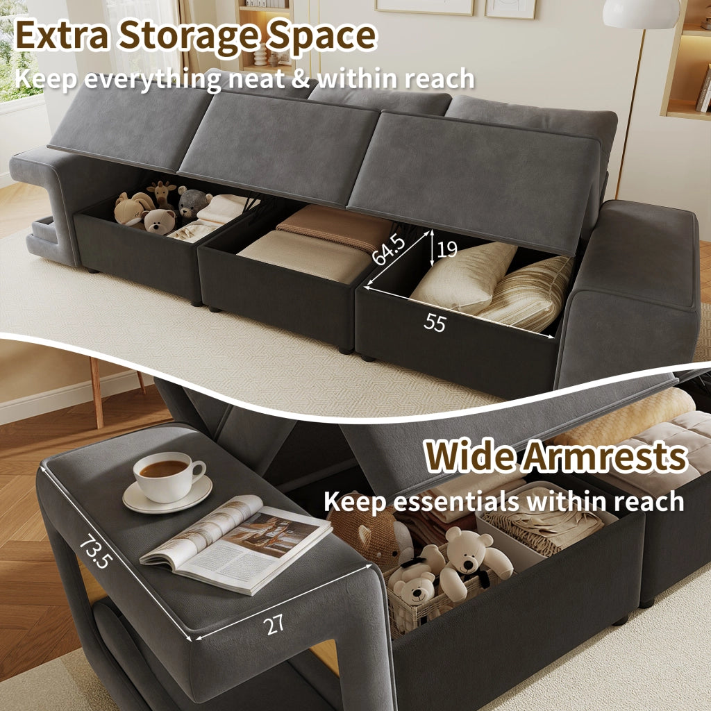 Divano 3 posti modulare con braccioli larghi e contenitore ¨C MINIMAL ¨C Grigio, tessuto, imbottito