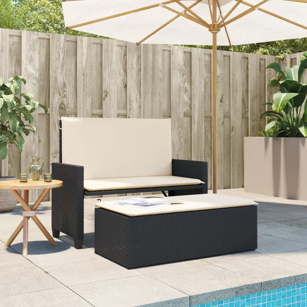 Panca da Giardino con Cuscini e Poggiapiedi Nera in Polyrattan 368407
