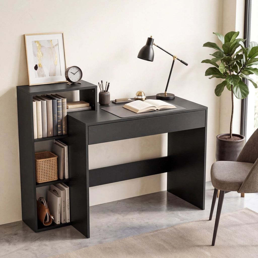 Scrivania con cassetto e scaffale ¨C Xylo ¨C legno nero 100x40x90cm