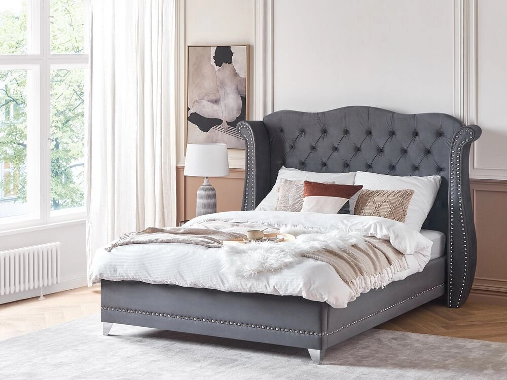Letto 160 x 200 cm Velluto grigio Base a doghe Bottone trapuntato testiera