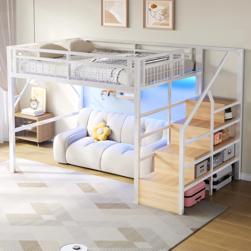 Letto castello 140x200 ferro LED scala stivaggio spazio gioco bianco