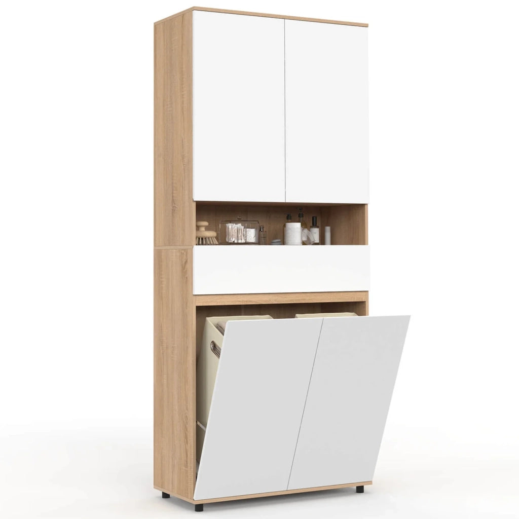 IDMarket - Mobile bagno TOMI 4 ante 2 cesti portabiancheria estraibili 1 cassetto finitura faggio e bianco