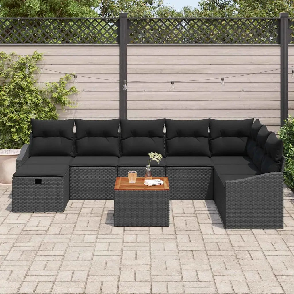 Set Divano da Giardino con cuscino 9 pcs Nero polyrattan