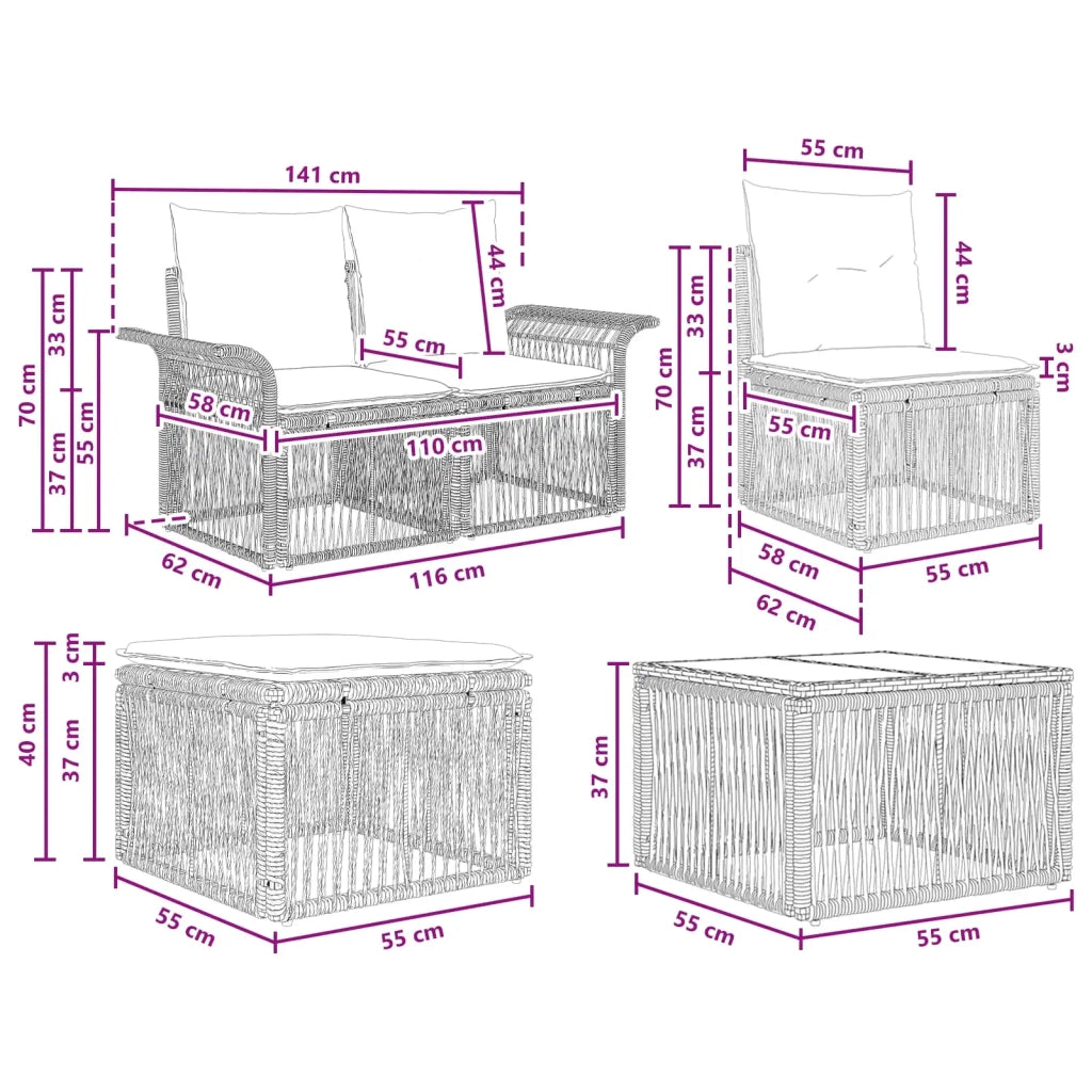 Set Divano da Giardino 5 pcs Nero polyrattan 3434812