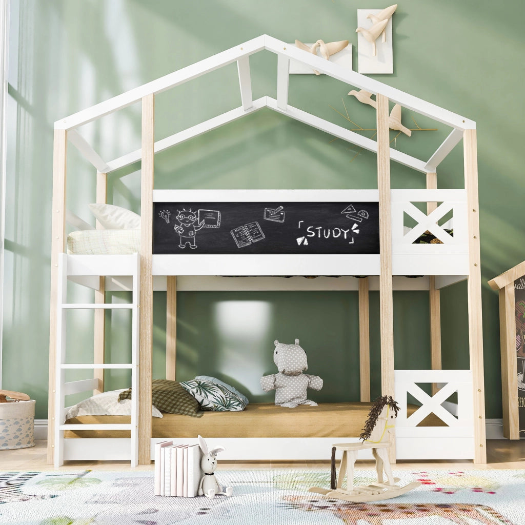 Casa sull'albero per letto per bambini di 90x200 cm letto a soppalco con scala e due strutture a listelle in toni naturali e bianchi