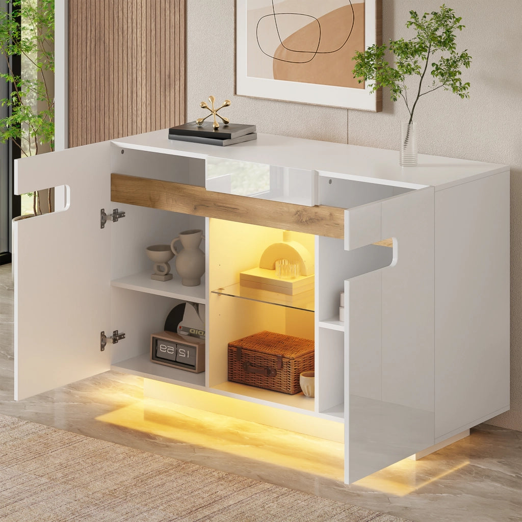 SIDEBOARD LED 120x40x80 cm Bianco e Effetto Legno Naturale