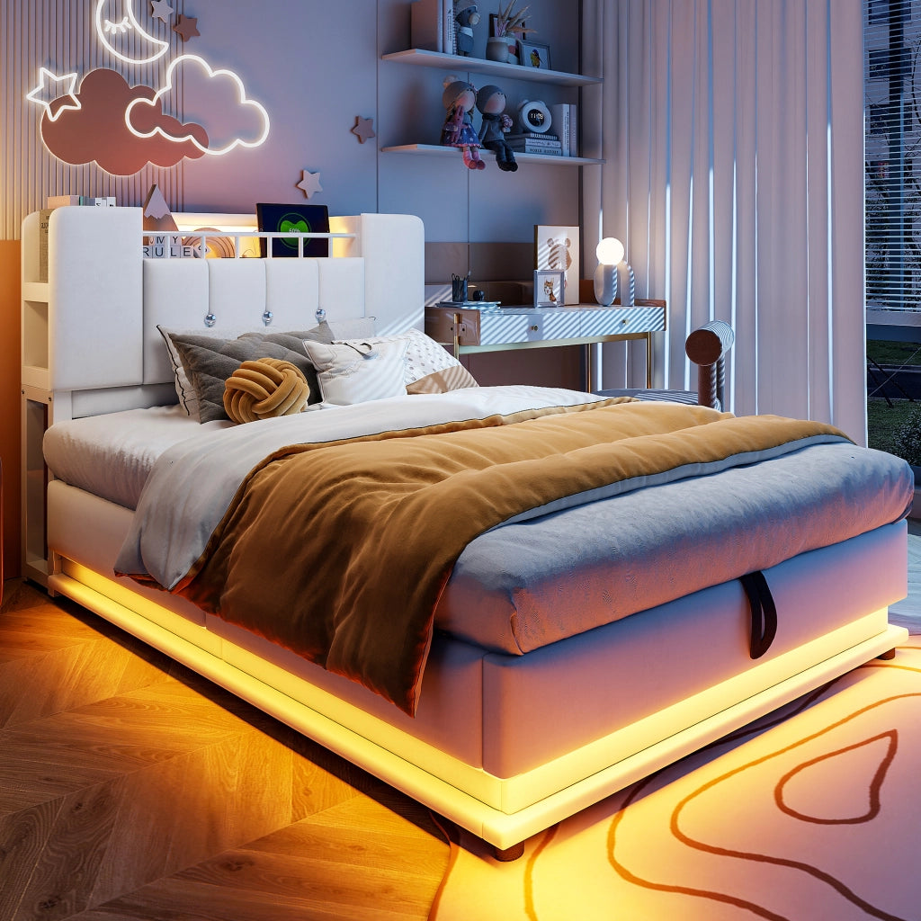 LETTO Polsterbett per bambini 90x200 cm Beige con LED, USB e contenitore