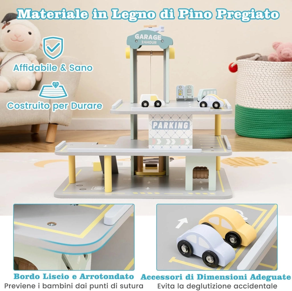 Set di Gioco Garage per Parcheggio, Garage di Giocattolo in Legno a 3 Strati con 4 Auto, Stazione di Servizio, Ascensore, Barra di Sollevamento, per Bambini di 3+ Anni