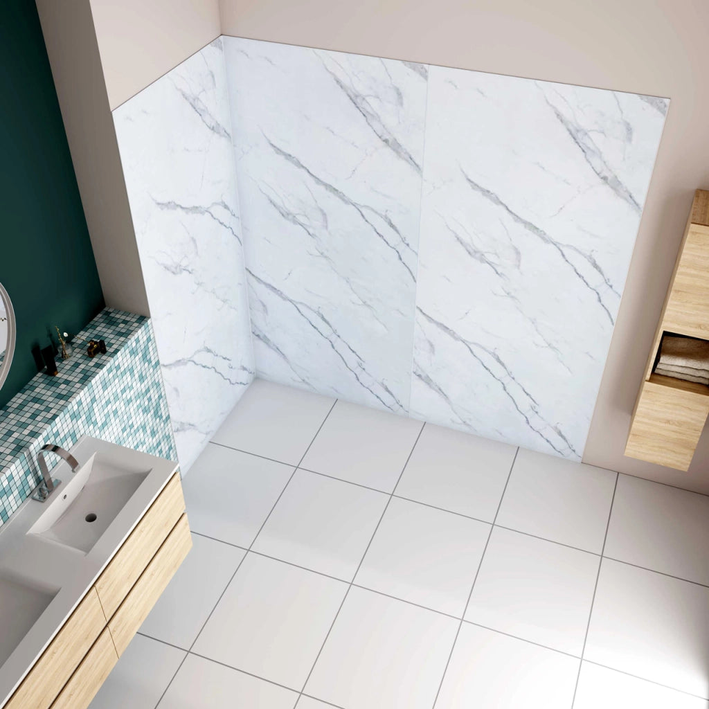 H.210 cm Pannello Doccia ad Angolo 90x100x100 cm Realizzato in Alluminio da 3 mm con Profili Finitura Bianco Alba per Rivestimento Parete Bagno