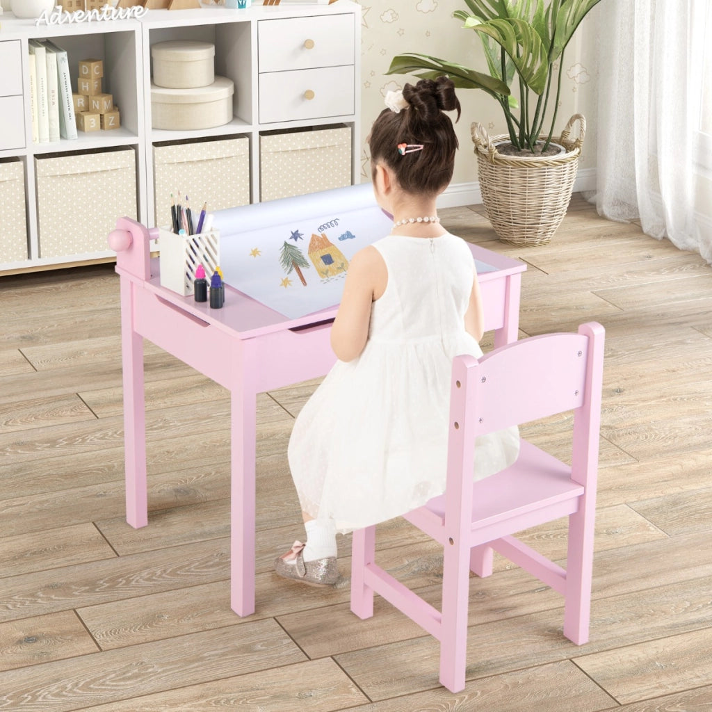 Tavolo per bambini con sedia vano portaoggetti e portarotolo per disegnare giocare, Set di tavolino con sedia Rosa