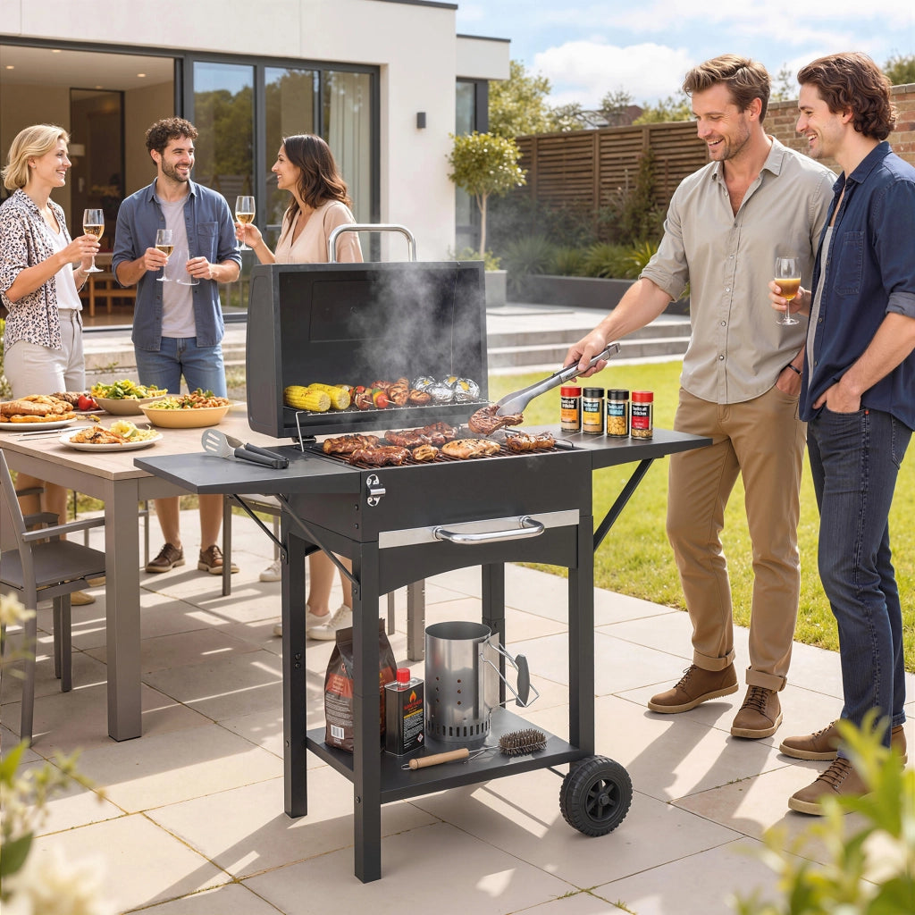 Barbecue a Carbone con Termometro e Ruote - Xylo - Nero, 110x46.5x101 cm