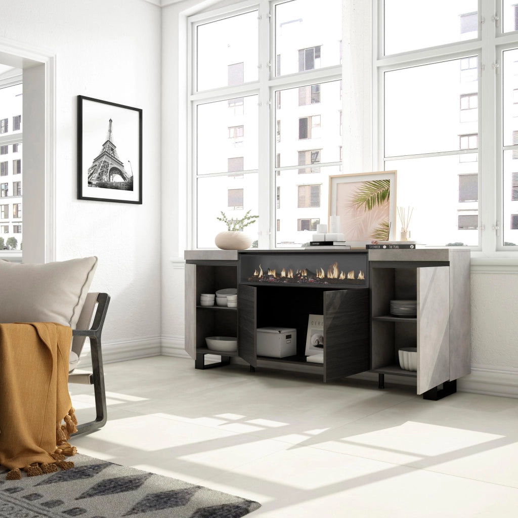 Credenza, Mobile, 200x35x87cm, 4 Porte, Camino elettrico, Design industriale, grigio cemento RF2307