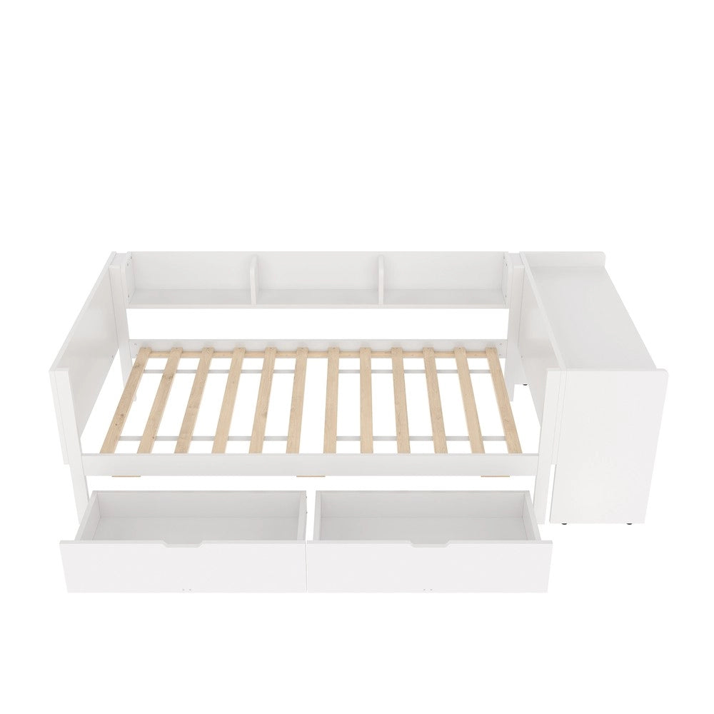 Letto Singolo con Scrivania e Cassetti ¨C MINIMAL ¨C Pino e Multistrato, Bianco, 90x200
