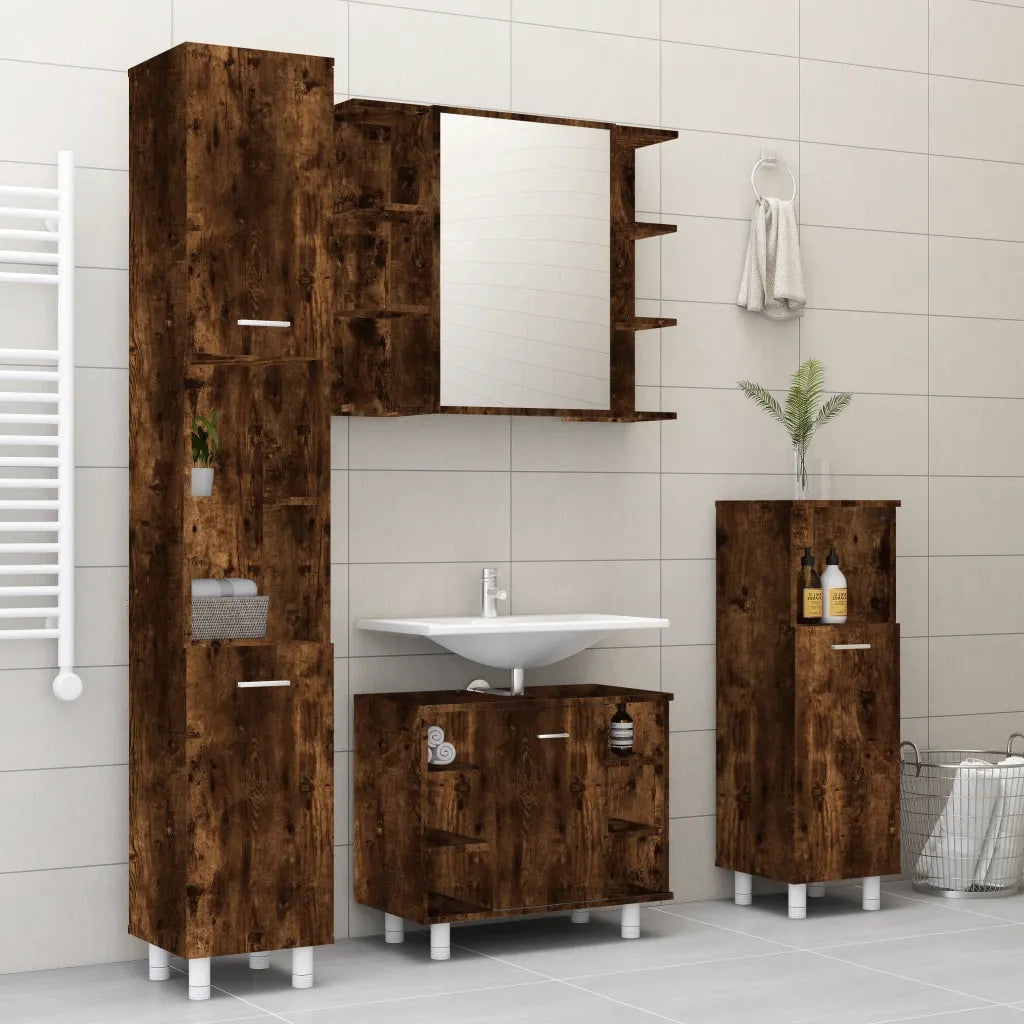 Set Mobili da Bagno | Armadio da bagno 4 pz Rovere Fumo in Legno Multistrato