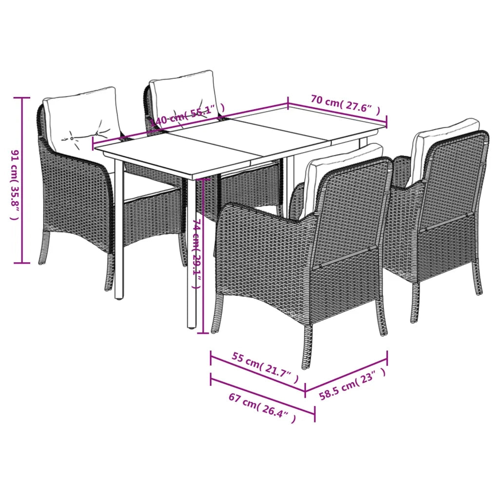 Set da Pranzo da Giardino 5 pz con Cuscini in Polyrattan Grigio