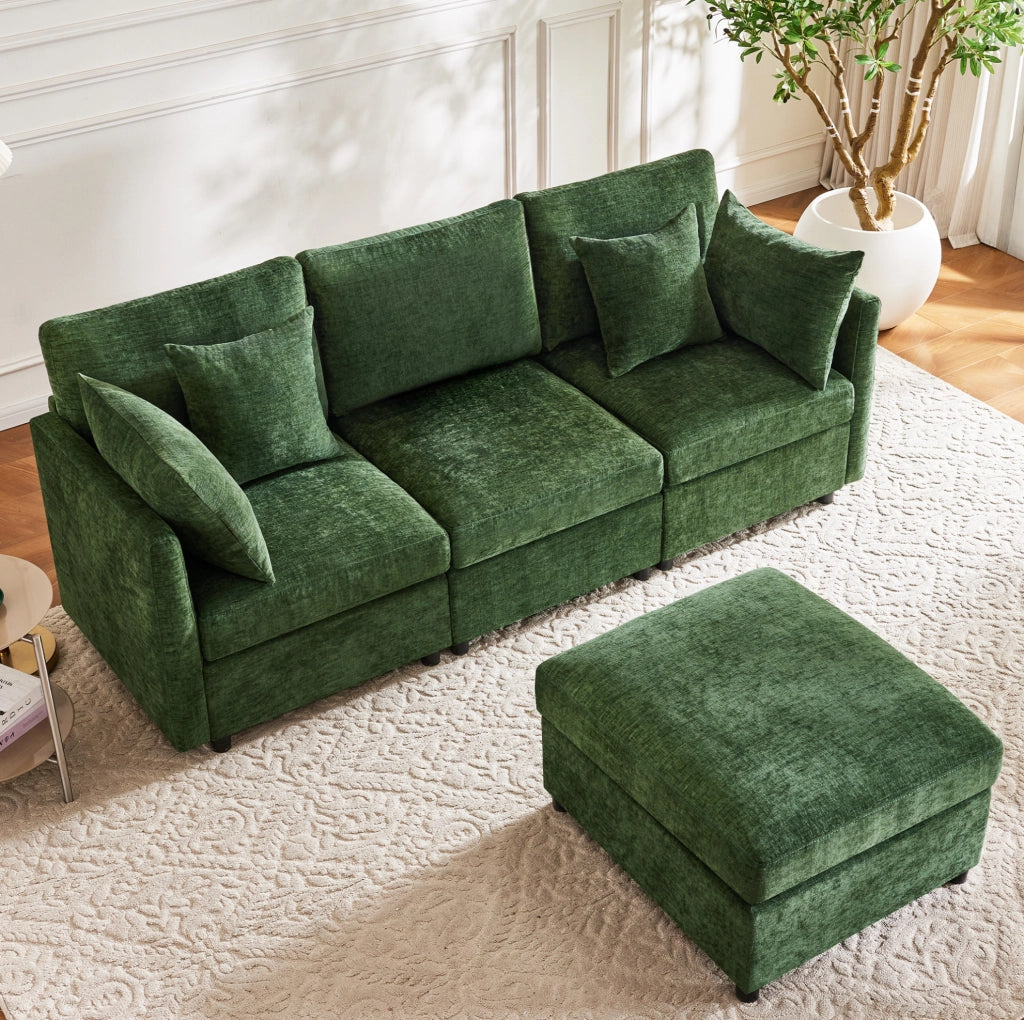 Divano modulare angolare a L 216x161x81 cm in chenille verde con 4 cuscini