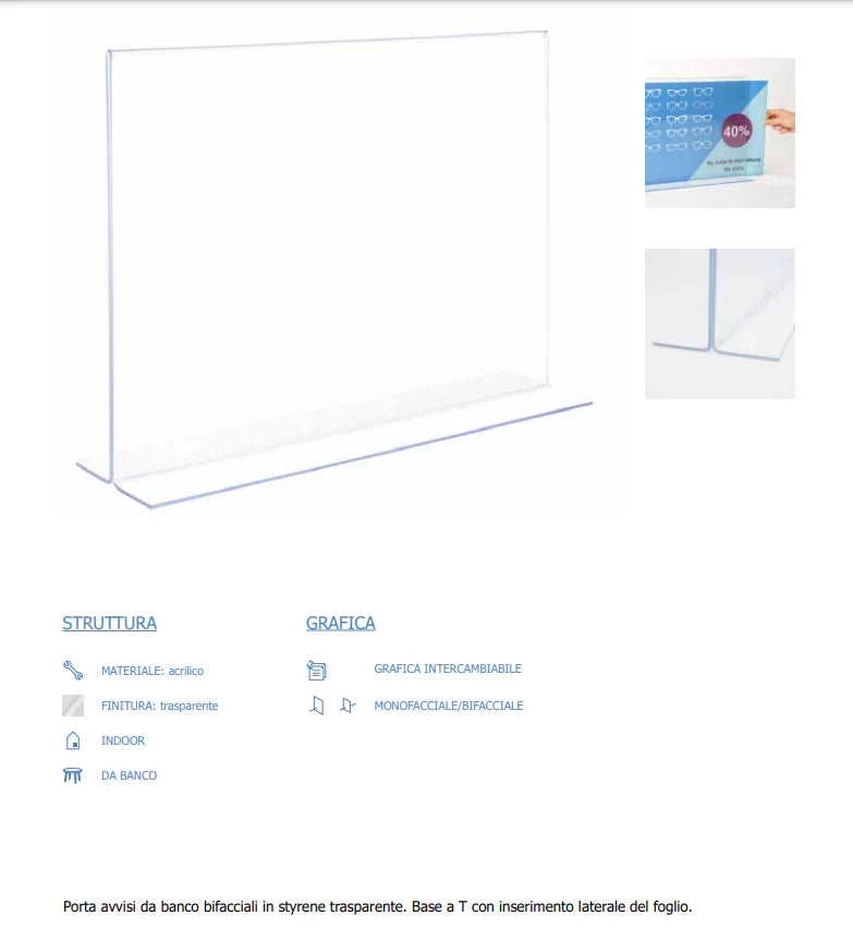 Porta avvisi con base a T da banco Bifacciale - 1/3 A4