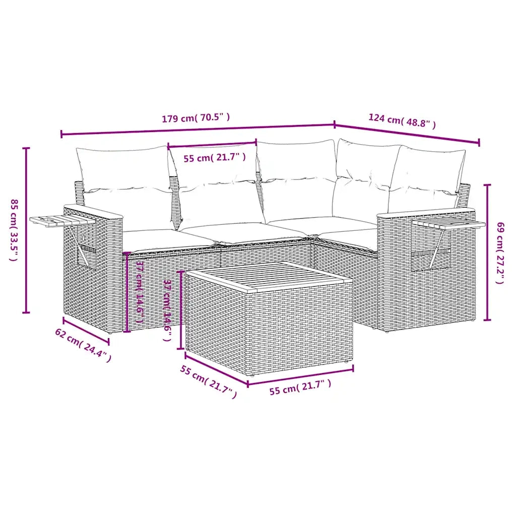 Set Divani da Giardino 5 pz con Cuscini Grigio in Polyrattan 3226782