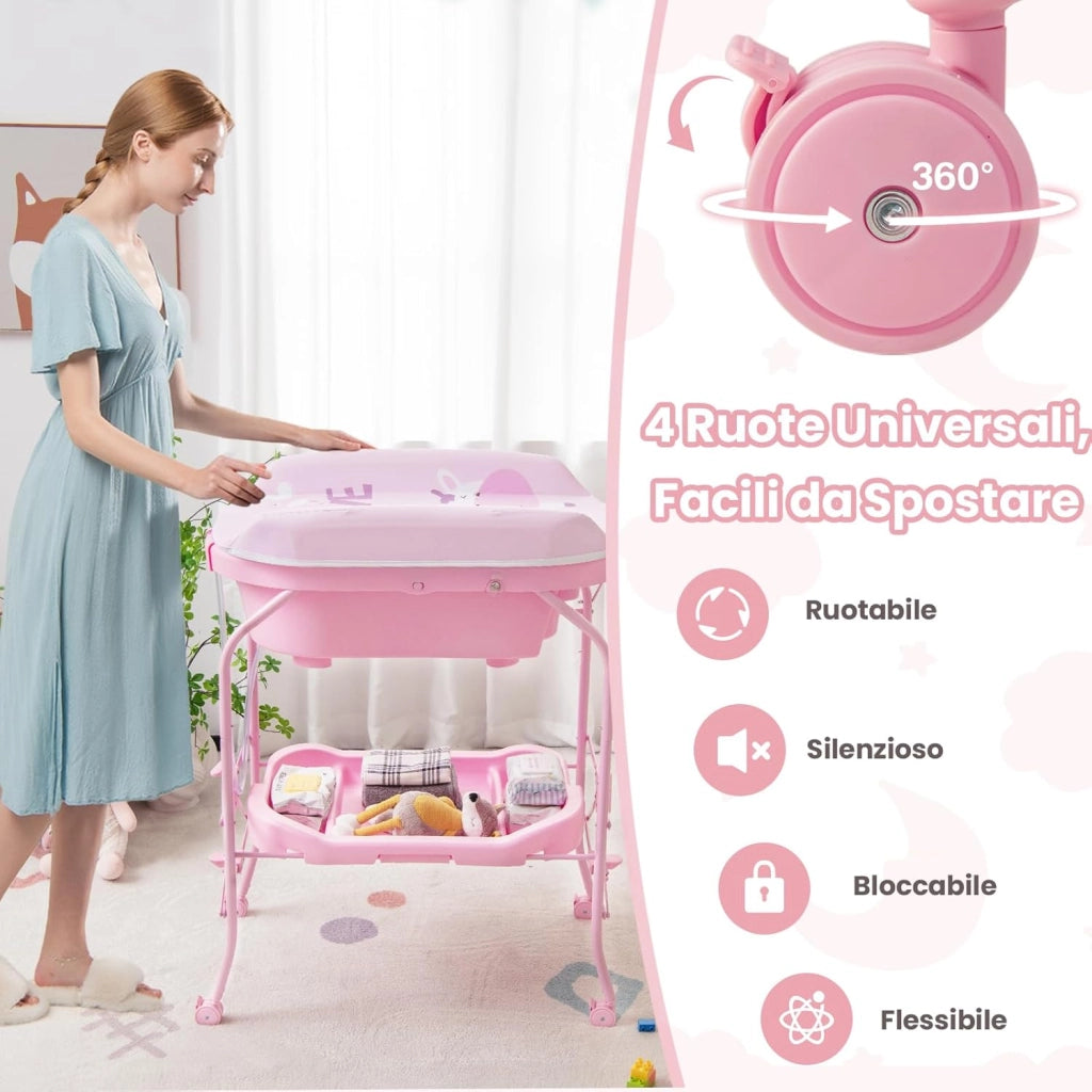 Fasciatoio con Vaschetta per Bambini, Vasca da Bagno per Neonati, Fasciatoio Pieghevole con Materassino, Cestino Portaoggetti, Ruote con Freno, Portata 35kg+15kg (Rosa)