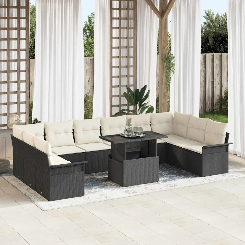 Set Divano da Giardino con cuscino 11 pcs Nero Poly Rattan