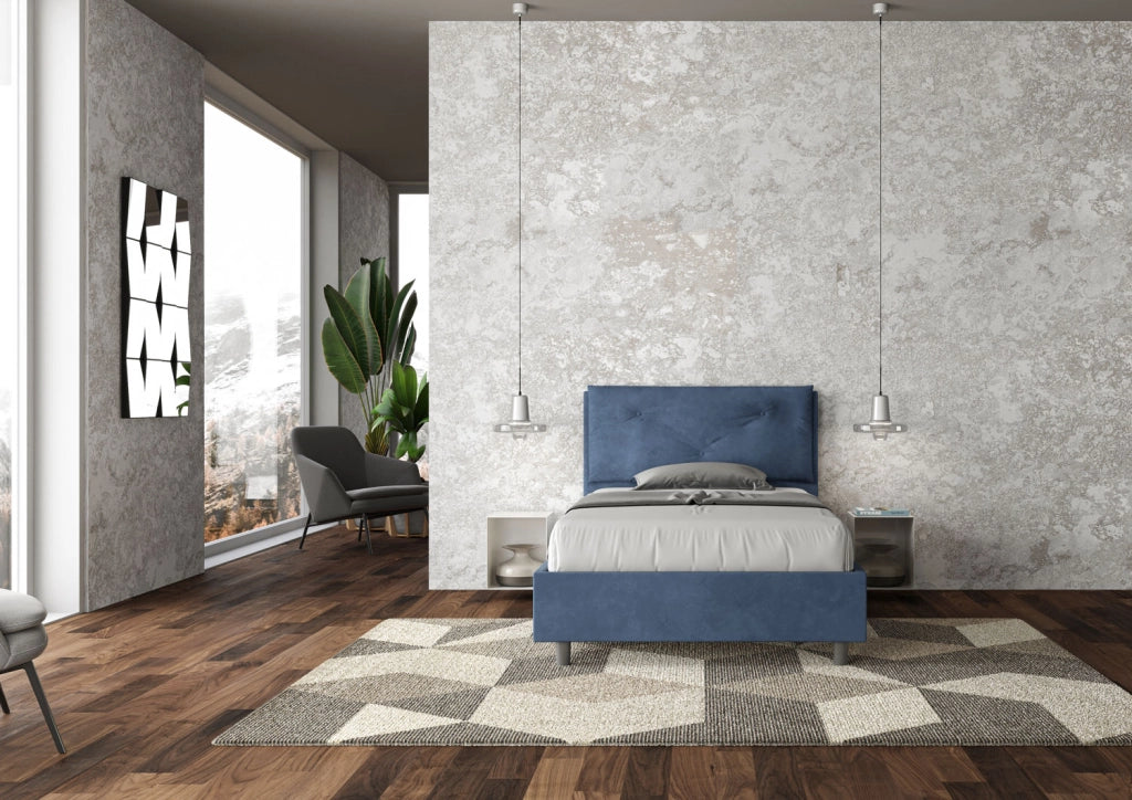 BS COM Letto una piazza e mezza senza rete imbottito 130x200 microfibra blu Large