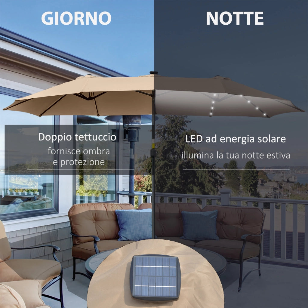 Ombrellone da Giardino Doppio 4.5m con 48 Luci LED e Manovella, Cachi