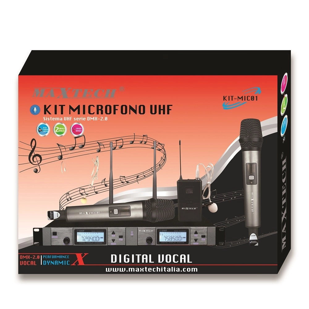 Trade Shop - Kit Radiomicrofoni Wireless 2 Canali Uhf Ricevitore Display Digitale Maxtech Kit-mic01 -