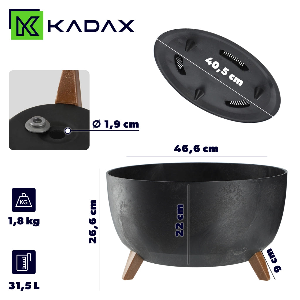Vaso da fiori KADAX 47 cm con coperchio e piedini in sughero, colore nero.