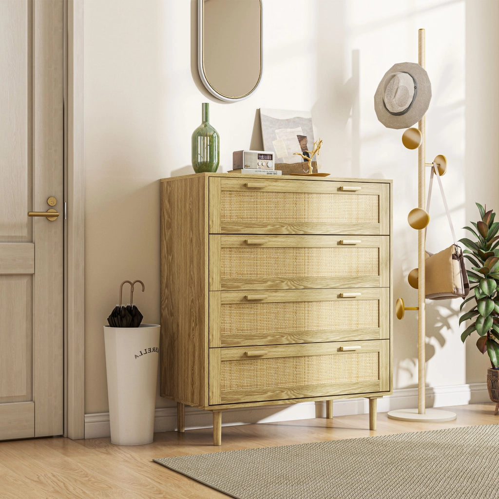 Cassettiera 4 cassetti in legno e tessuto effetto rattan stile boho ¨C Xylo ¨C 90x45x108,5cm naturale