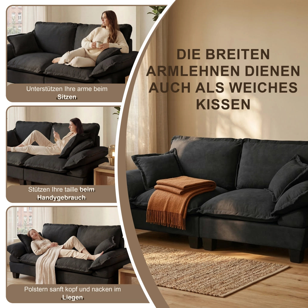 Divano Angolare Modulare 2 Pouf 2 Cuscini in Chenille Nero 194 × 151 × 90 cm