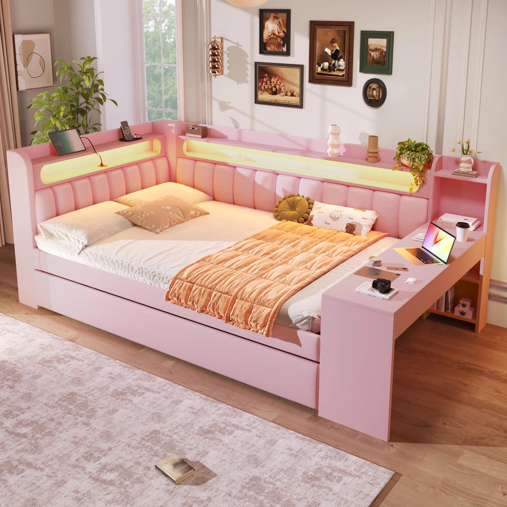 Letto a Divanetto 140x200 cm - USB; LED; con Letto Estraibile e Scrivania - Rosa