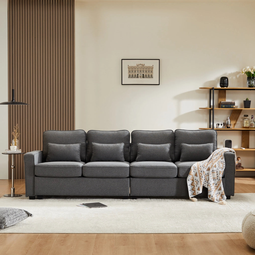 Divano 4 Posti in Tessuto con Braccioli e Cuscini ¨C MINIMAL ¨C Beige/Grigio/Verde