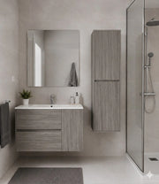 Mobile Bagno HEIMDALL Già Montato 2 cassetti e porta, lavabo e specchio Rovere affumicato 70x45 cm con colonna