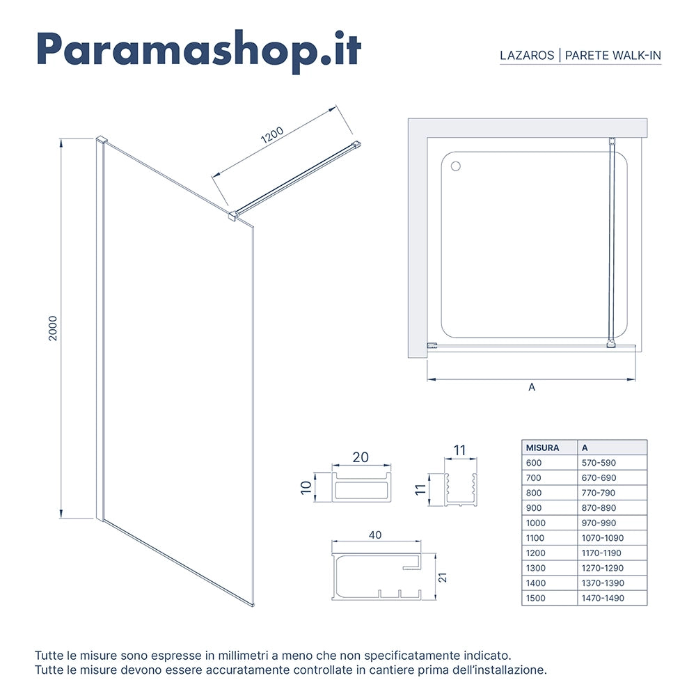 Parete doccia walk-in 110 cm 8mm trasparente anticalcare h200 | Lazaros