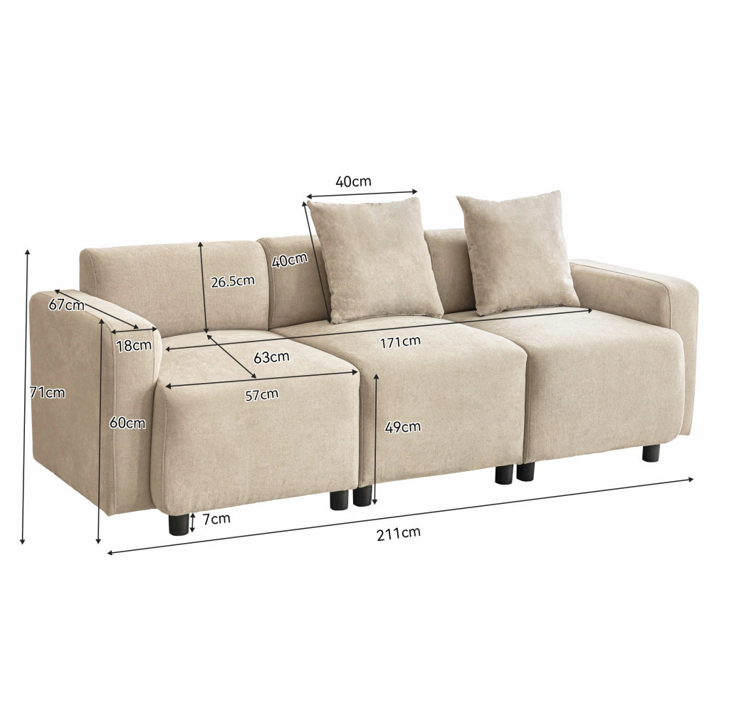 Divano a 3 posti in ciniglia beige con cuscini; design moderno; 211x67x71 cm