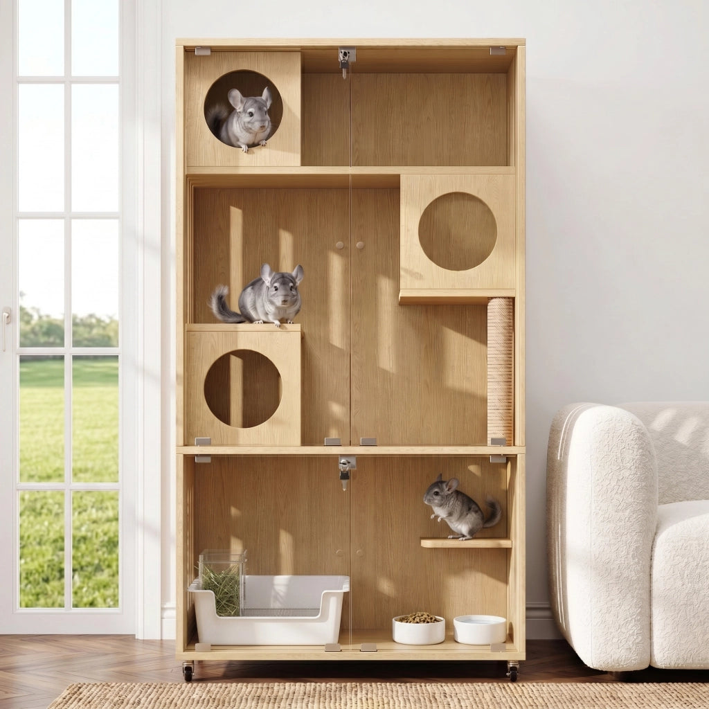 Mobile contenitore per gatti con serratura a chiave, 3 livelli, sportello a 4 modalità e ruote, naturale, 90 × 50 × 166 cm
