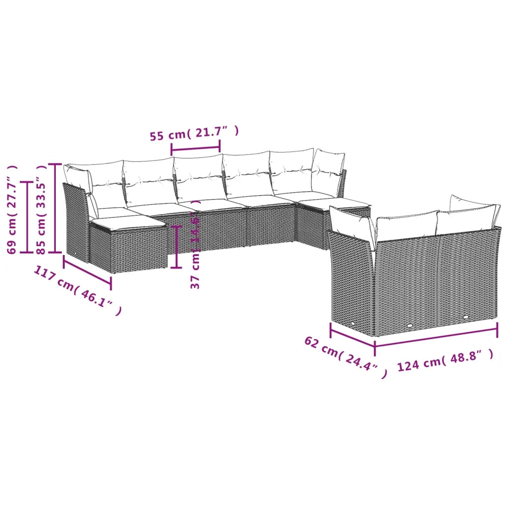 Set Divani da Giardino 9 pz con Cuscini Nero in Polyrattan