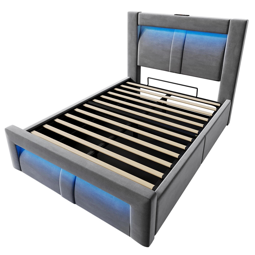 Letto-Xylo-90x200cm idraulico LED USB-C velluto testiera curva grigio