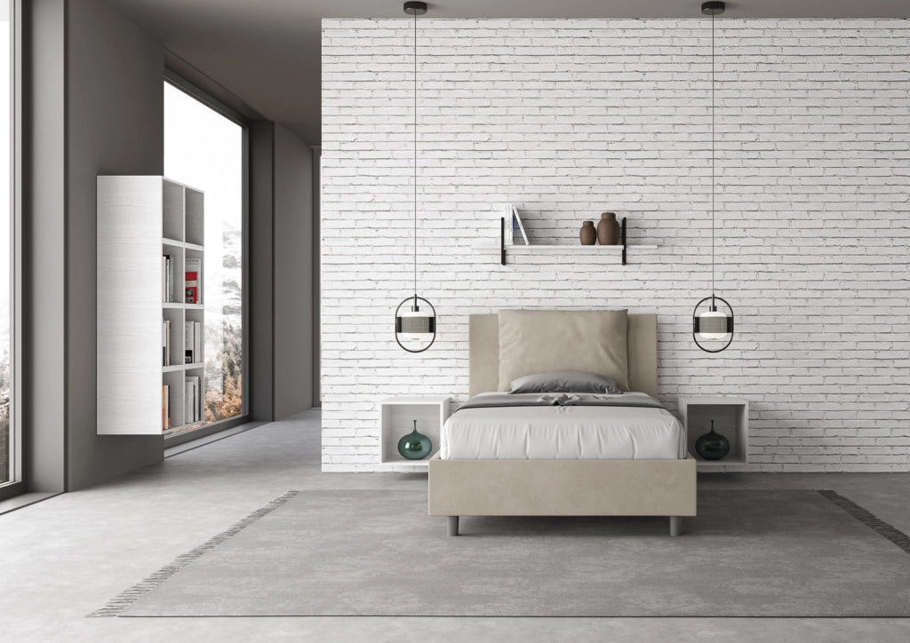 BS COM Letto una piazza e mezza senza rete imbottito 110x200 microfibra sabbia