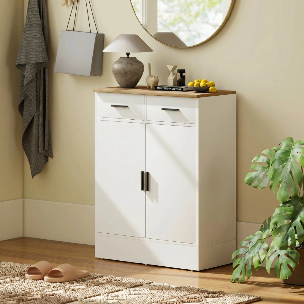 Credenza Bianca con 2 Cassetti e 2 Ante, Ripiano Regolabile ¨C Minimal ¨C Bianco e Legno