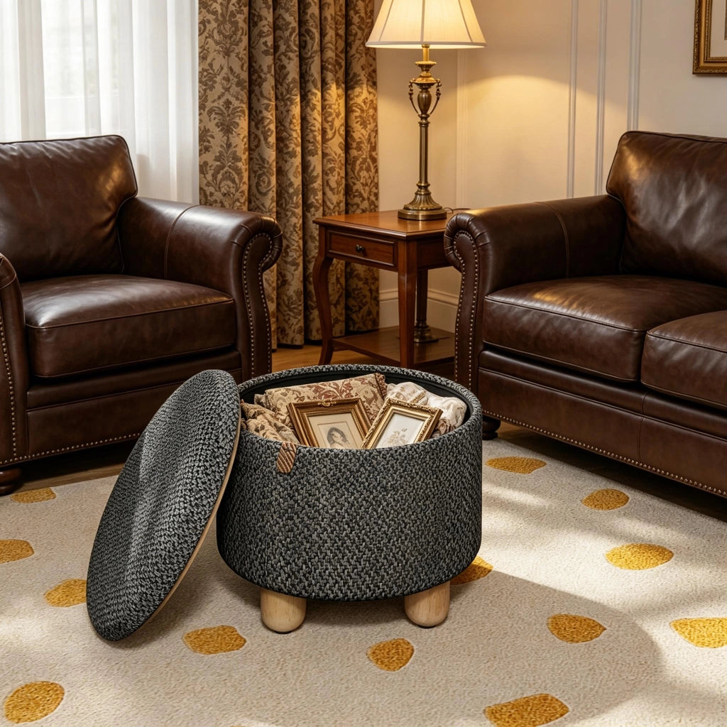 Pouf contenitore rotondo con vassoio in legno, lino e MDF, Grigio scuro