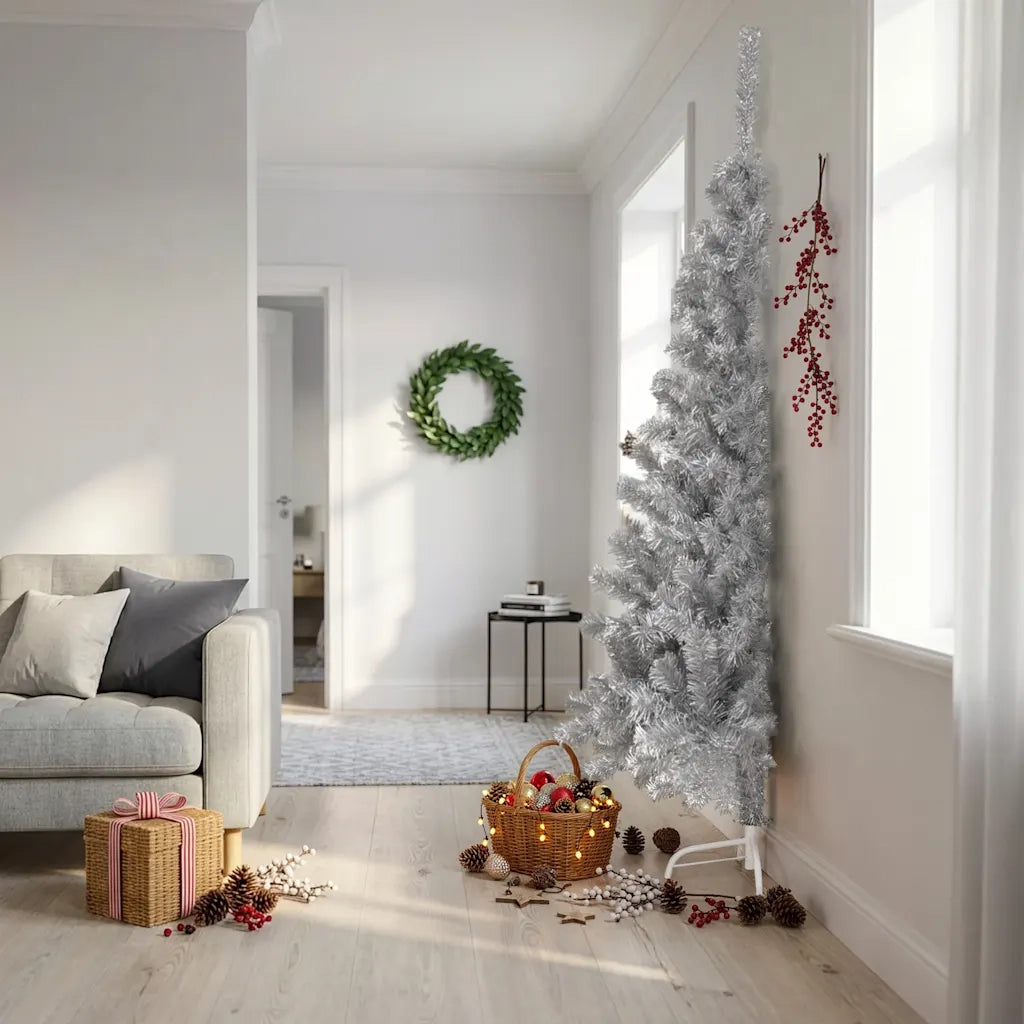 Albero di Natale a Metà con Supporto Argento 210 cm PET 344698