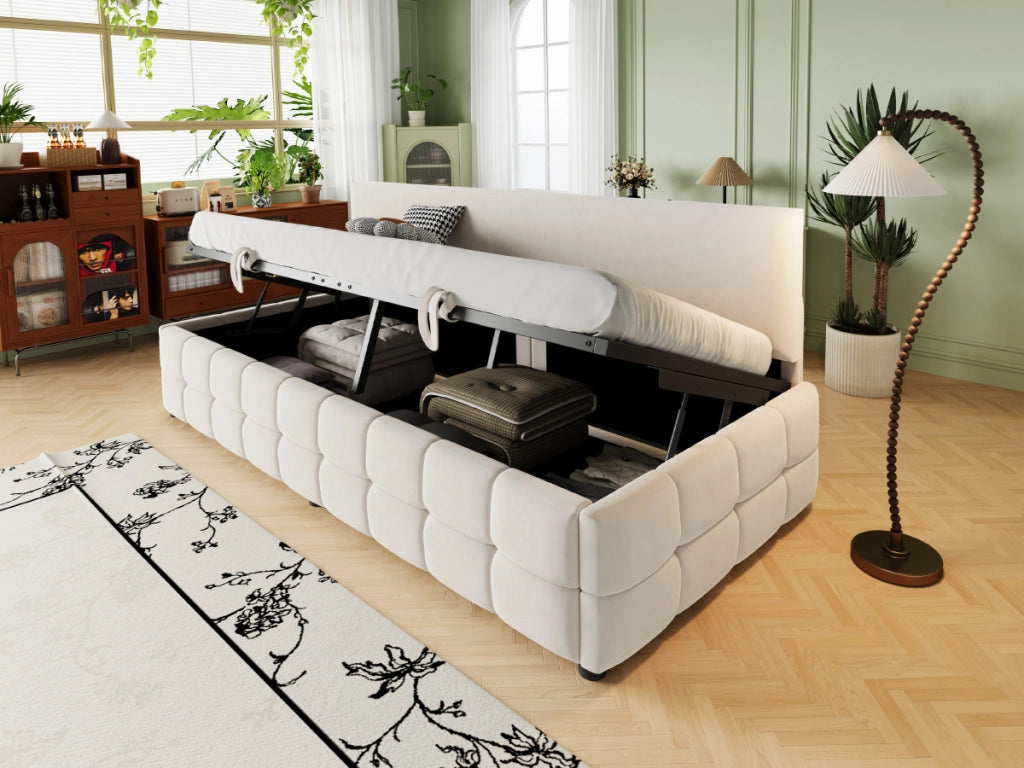 Letto sofà con vano contenitore idraulico velluto beige 90x200 cm