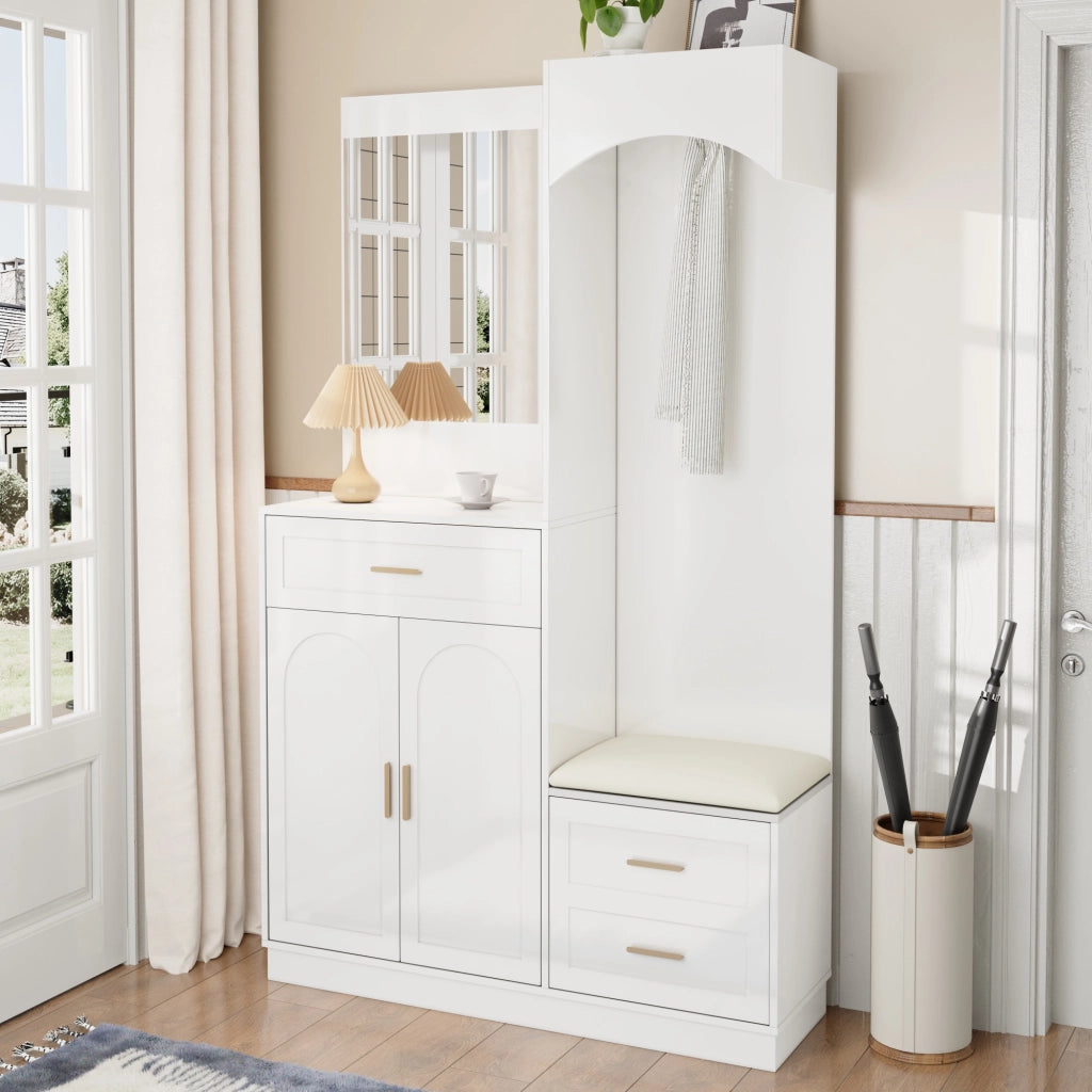 Set mobili ingresso con guardaroba, scarpiera, specchio e panca, in MDF Bianco