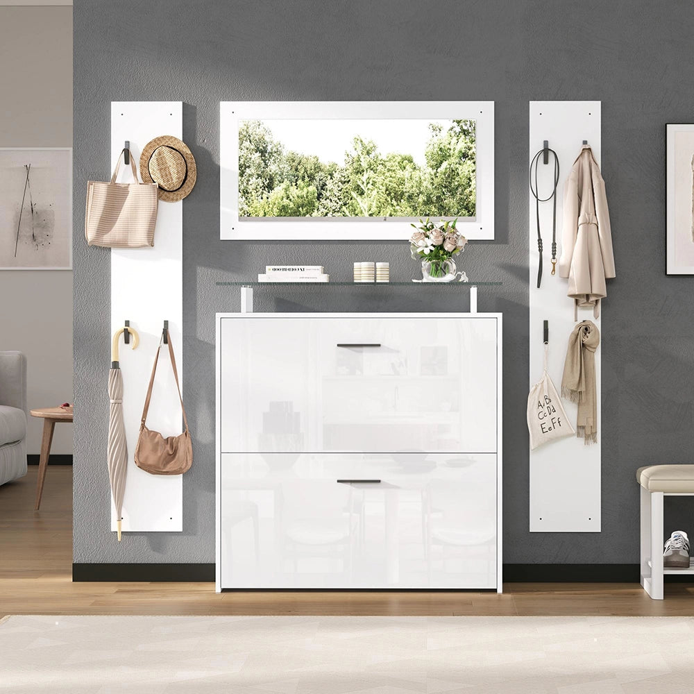 Set Ingresso 4 Pezzi 89.5x23x96.5cm - Xylo - con Specchio e Appendiabiti, Bianco