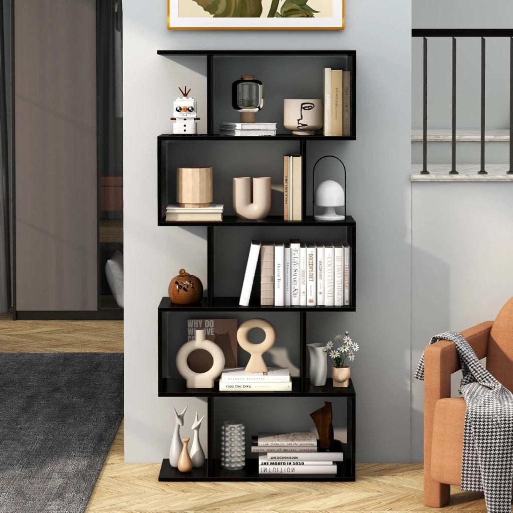 Scaffale a 5 Ripiani in Legno, Libreria Geometrica a Forma di S con Dispositivo Antiribaltamento, per Soggiorno Ufficio Camera da Letto, 70 x 23,5 x 158 cm (nero)